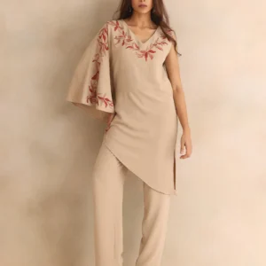 Beige V-neck Embroidered Casual Co-ord Set