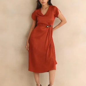 Rust V-Neck Short Sleeves Asymmetric Midi Party Dress