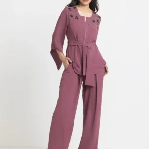 Dusty Pink Embroidered Party Co-ord Set with Belt