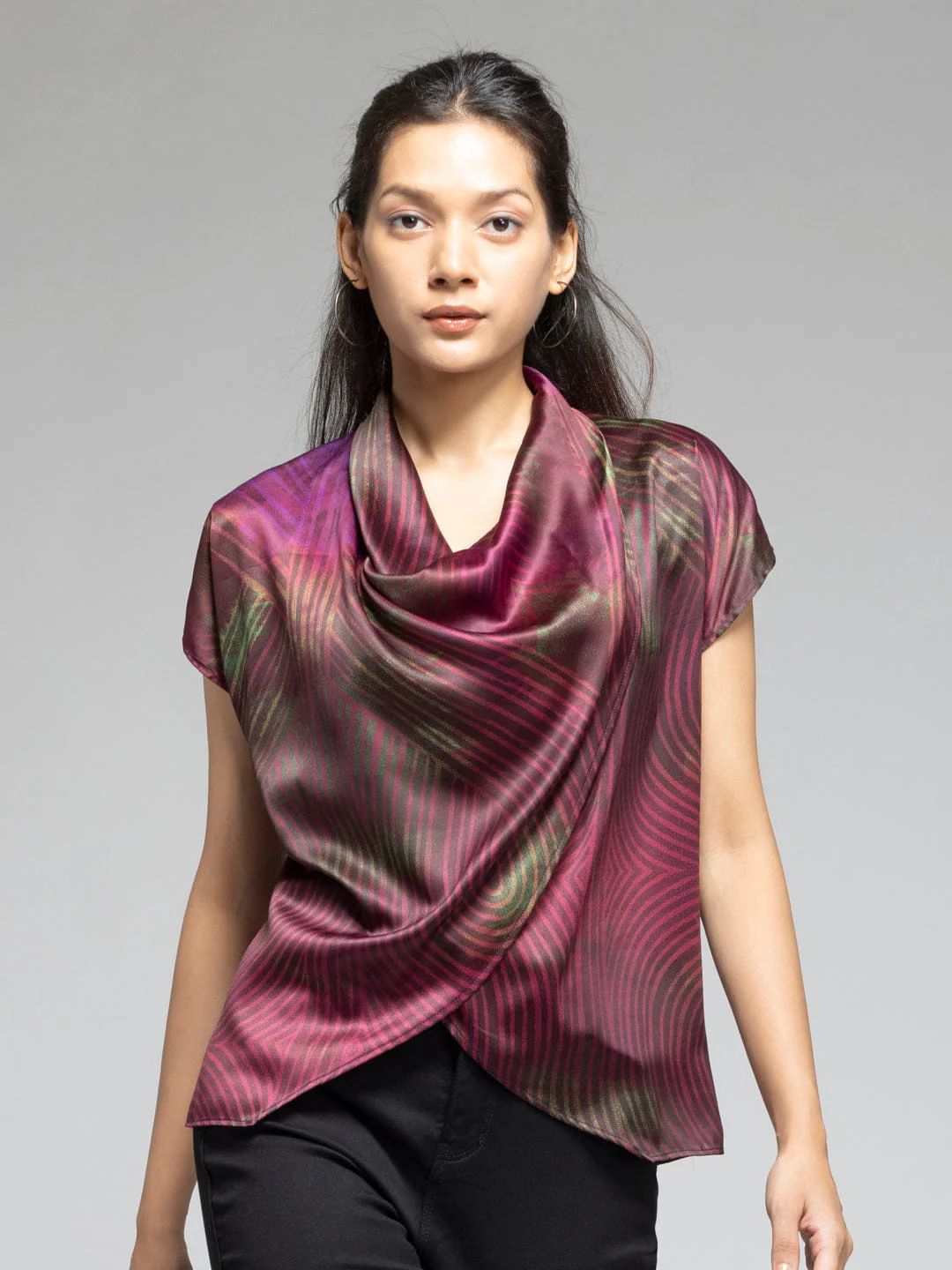 purple-cowl-neck-geometric-print-asymmetric-party-top