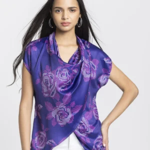 Purple cowl neck geometric print drop shoulder top