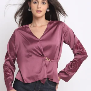 Mauve v-neck embroidered full sleeves wrap party top