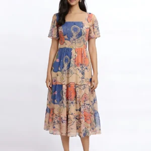Peach Square Neck Floral Print Short Flared Sleeves Fit and Flare Tiered Dress