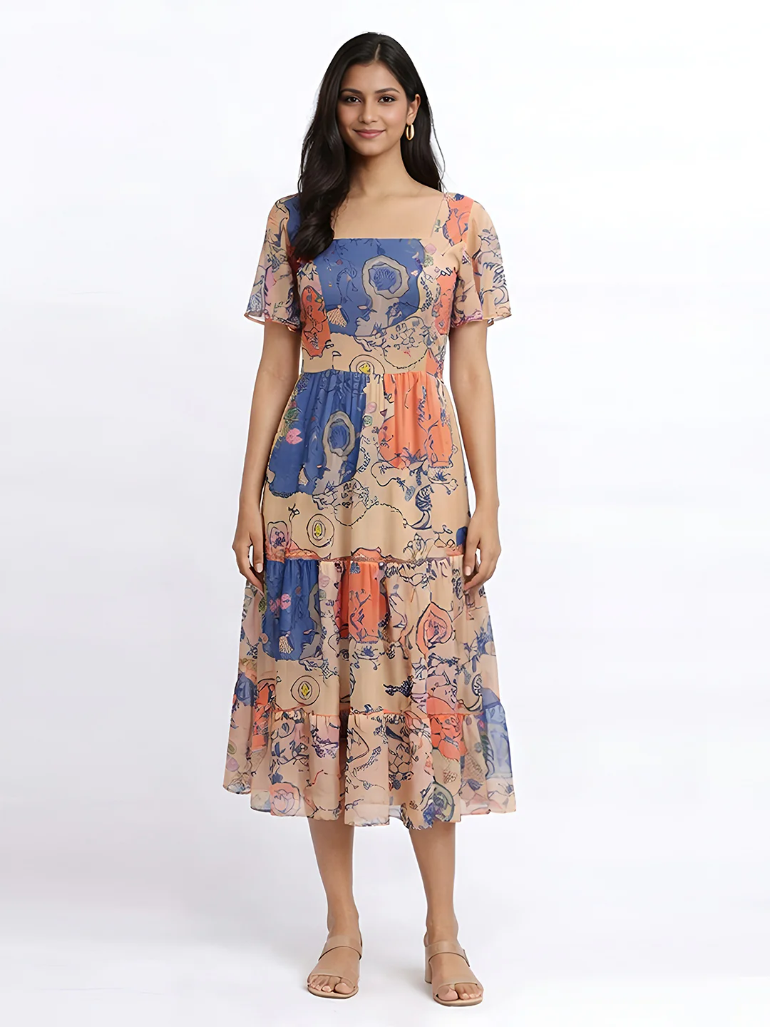 peach-square-neck-floral-print-short-flared-sleeves-fit-and-flare-tiered-dress