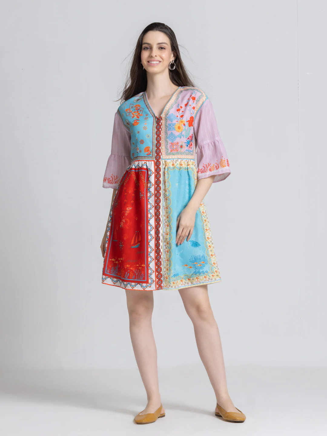 blue-floral-print-v-neck-three-quarter-flared-sleeves-button-down-above-knee-dress