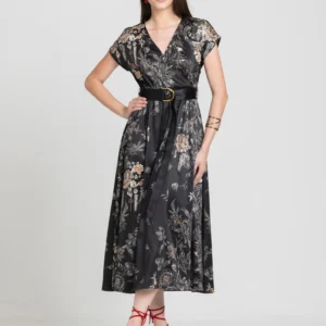 Black v-neck floral print short extended sleeves party dress with belt
