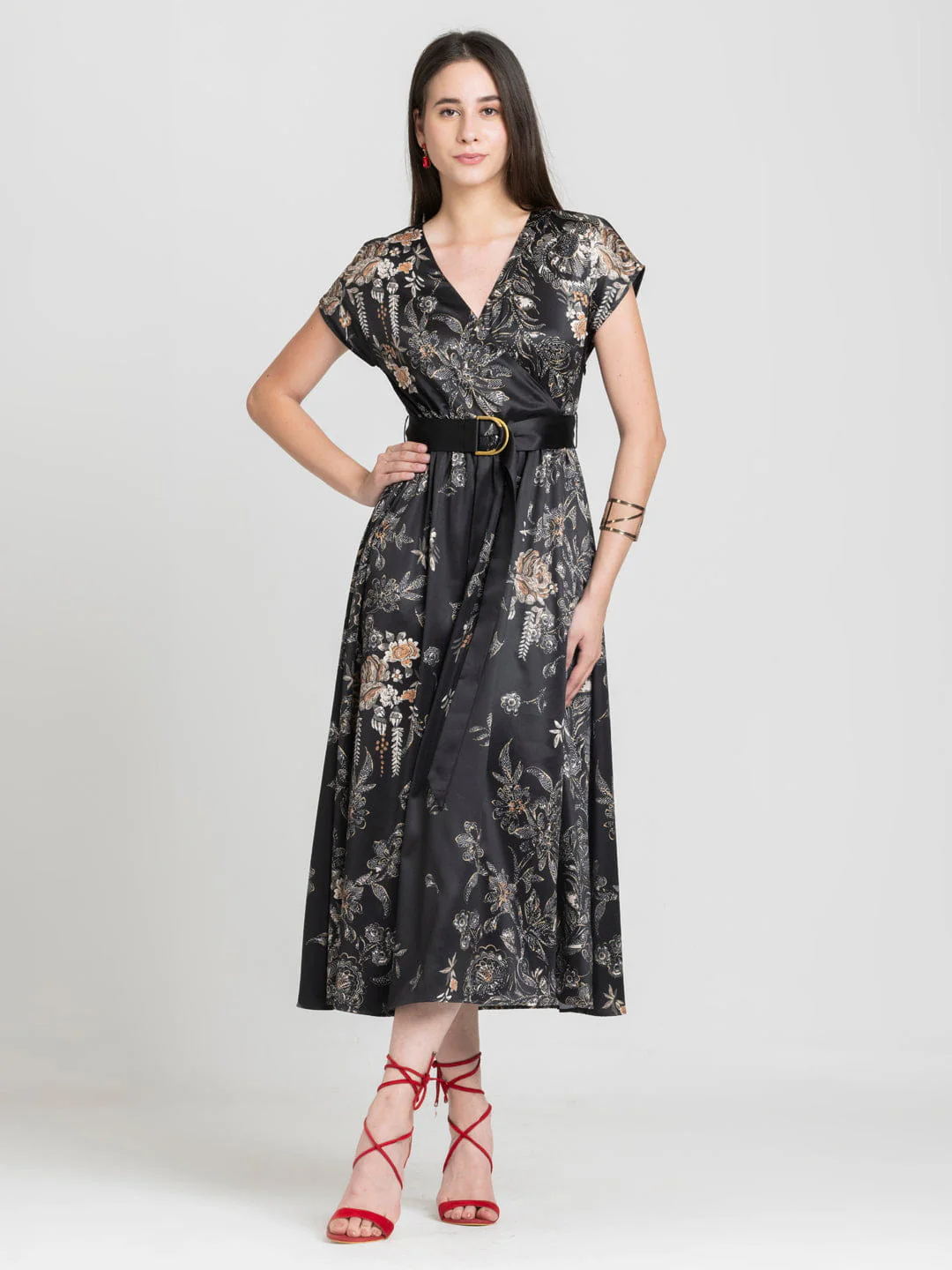 black-v-neck-floral-print-short-extended-sleeves-party-dress-with-belt
