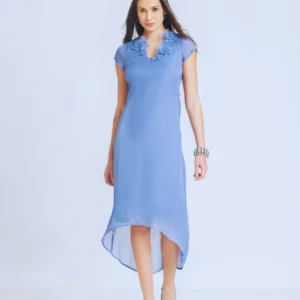 Blue V-neck Sequin Short Cap Sleeves Midi Party Dress with Belt