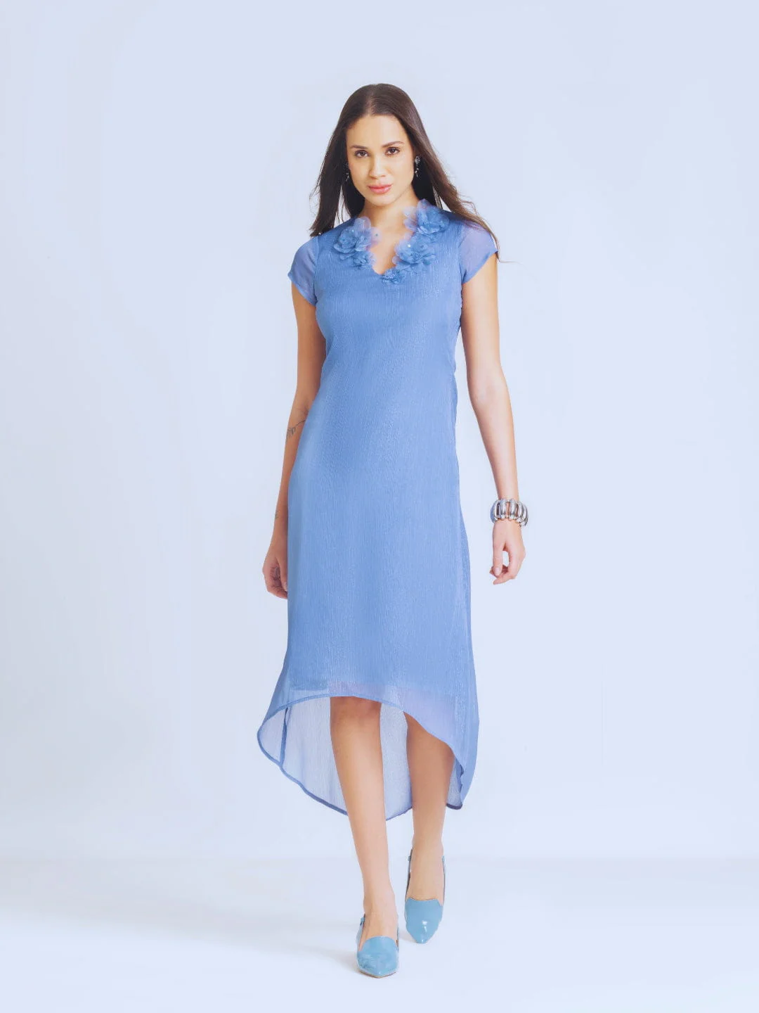 blue-v-neck-sequin-short-cap-sleeves-midi-party-dress-with-belt