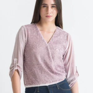 Pink sequin v-neck three-quarter sleeves party crop top
