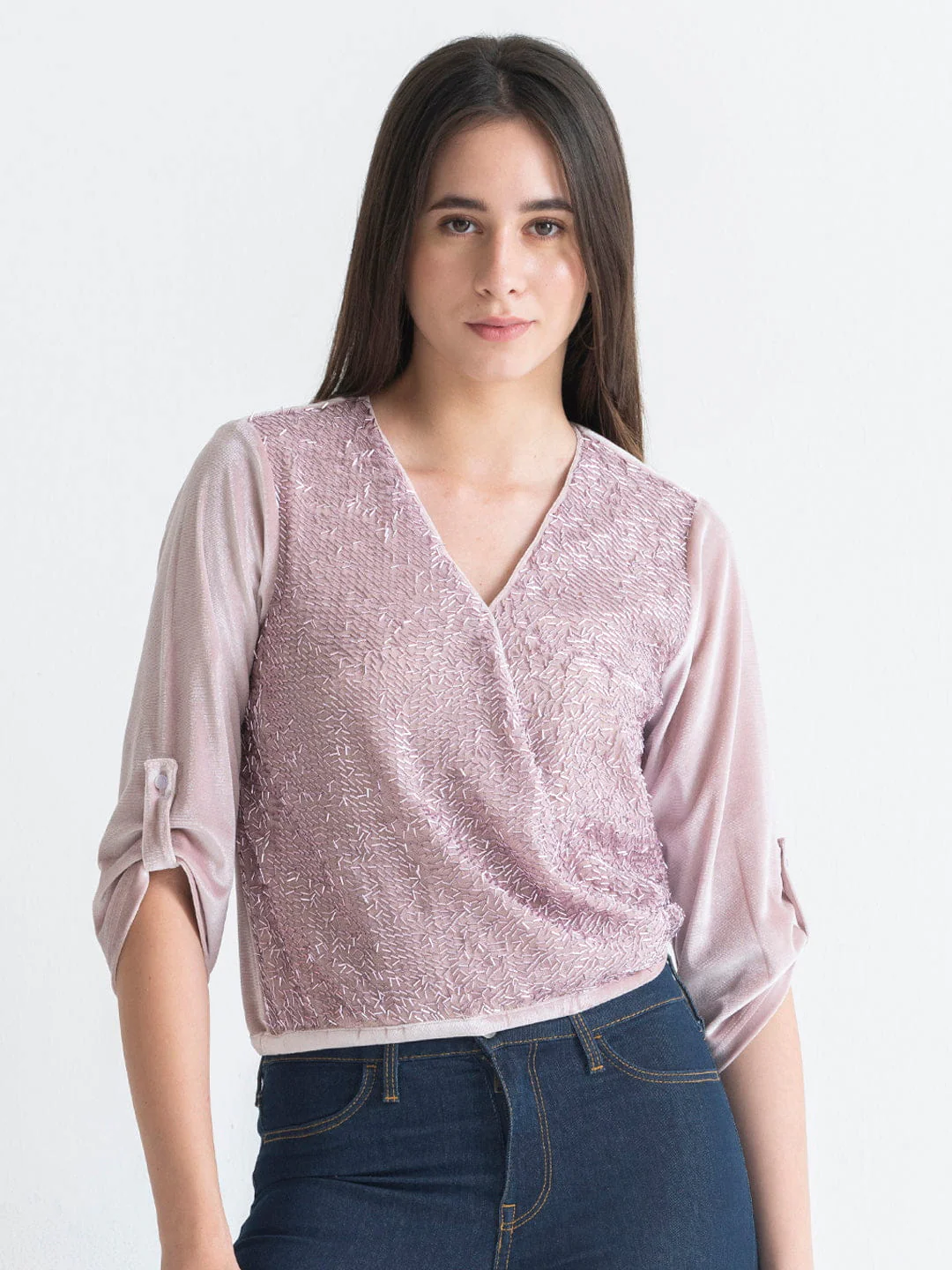 pink-sequin-v-neck-three-quarter-sleeves-party-crop-top