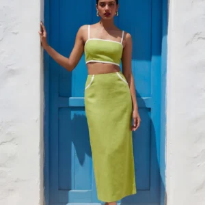 Sleek Green Cotton Top And Skirt Set