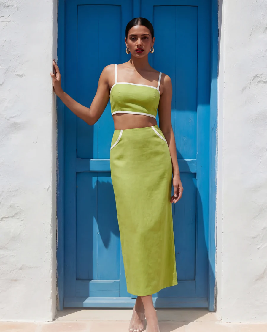 sleek-green-cotton-top-and-skirt-set